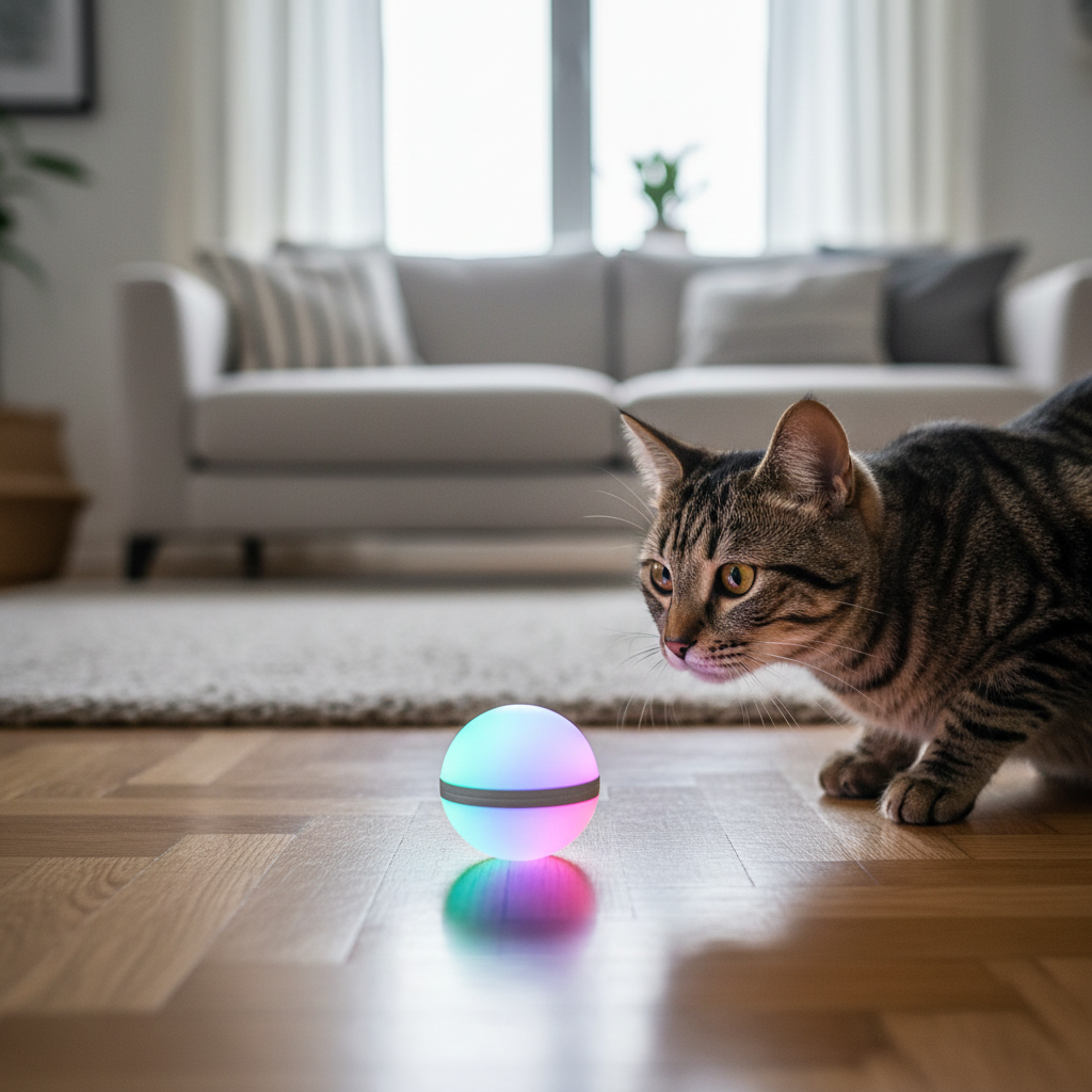 Balle LED intelligente pour chat - vue unique en salon cosy