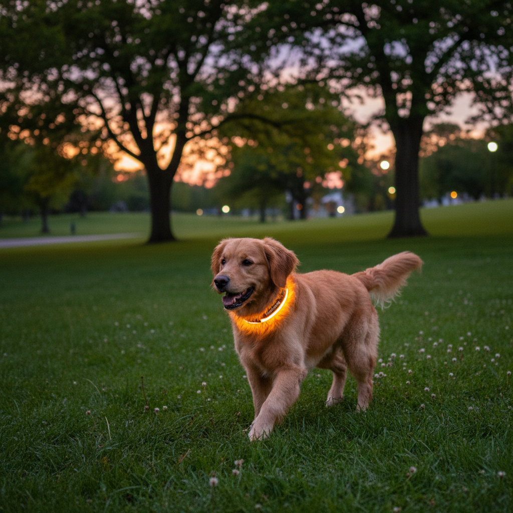 Collier LED haute visibilité pour chien en ambiance naturelle