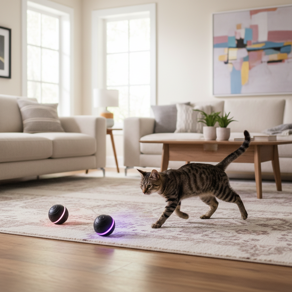Pack 2 balles LED avec chat tigré dans un salon cosy